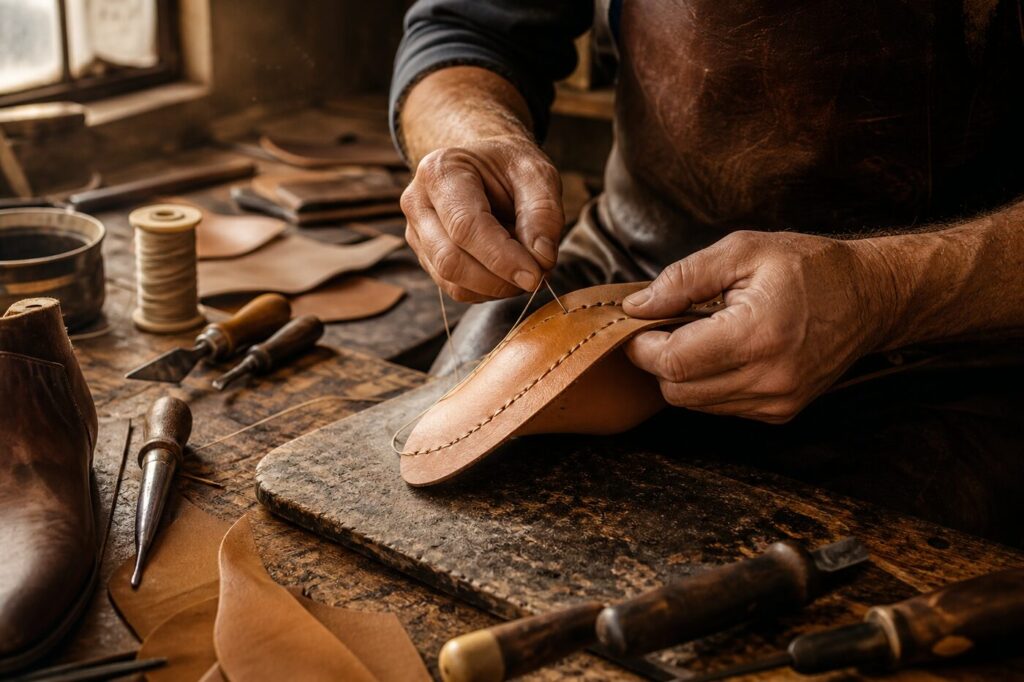 Artesano cosiendo a mano una plantilla de piel