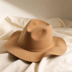 Sombrero de fieltro flexible color camel con ala blanda sobre tela de lino
